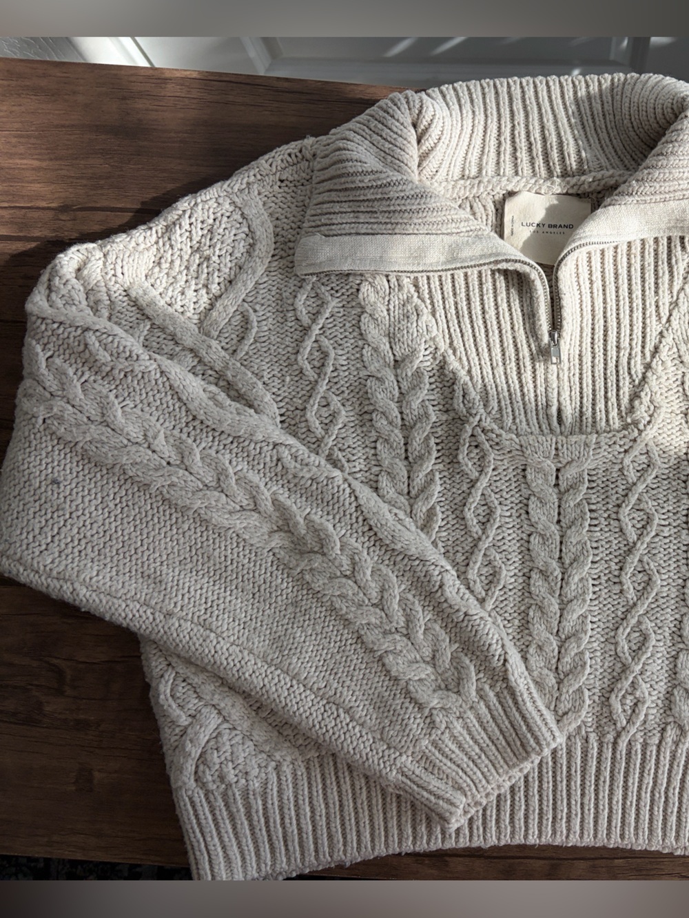 Women’s Lucky Brand Cream Cable-Knit Funnel Neck Sweater half zip